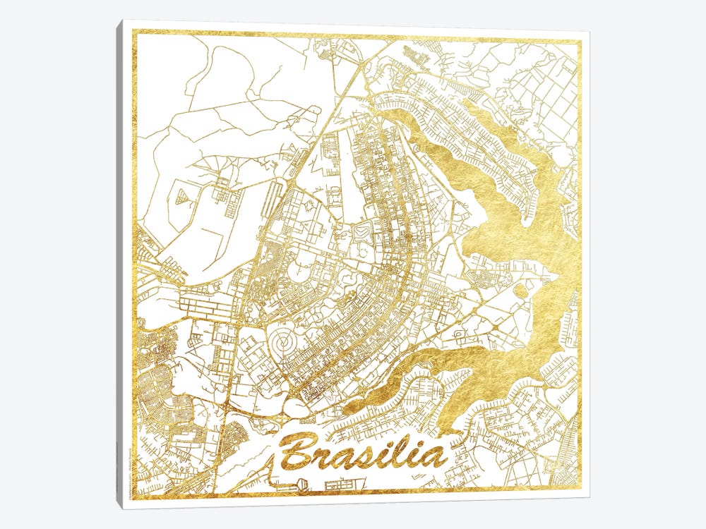 Brasilia Gold Leaf Urban Blueprint Map by Hubert Roguski 1-piece Canvas Wall Art
