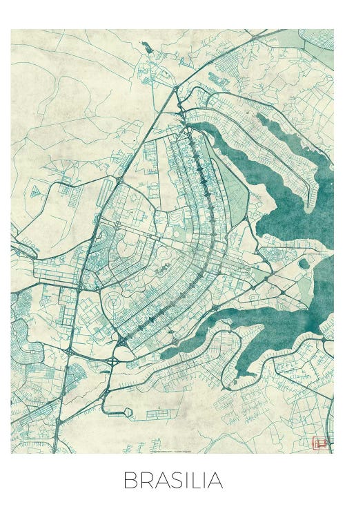 Brasilia Vintage Blue Watercolor Urban Blueprint Map