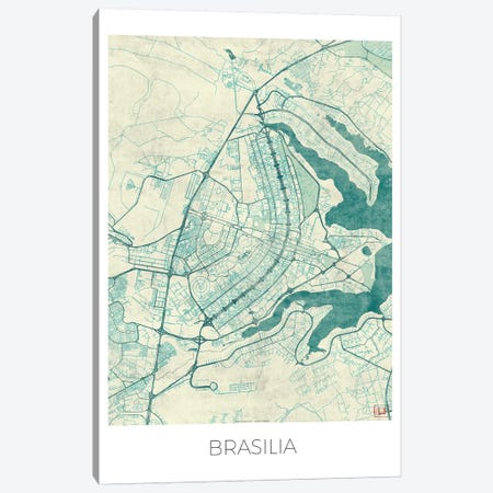 Brasilia Vintage Blue Watercolor Urban Blueprint Map Canvas Print #HUR59} by Hubert Roguski Canvas Art