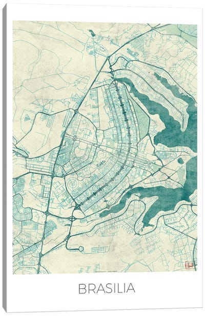Brasilia Vintage Blue Watercolor Urban Blueprint Map Canvas Art Print