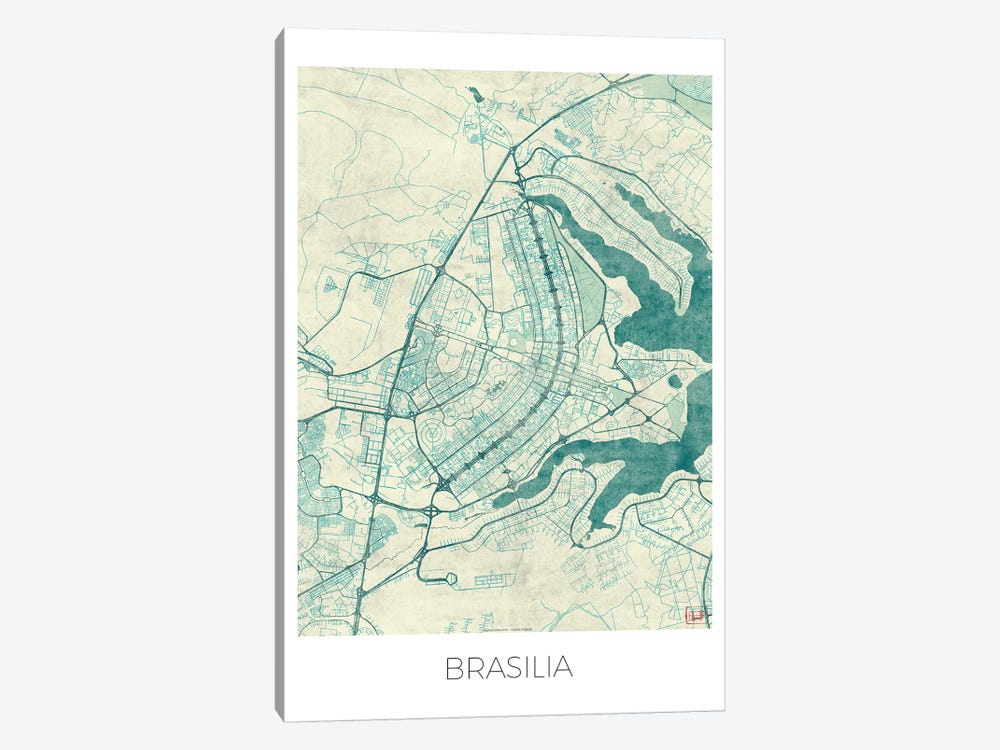 Brasilia Vintage Blue Watercolor Urban Blueprint Map by Hubert Roguski 1-piece Canvas Art