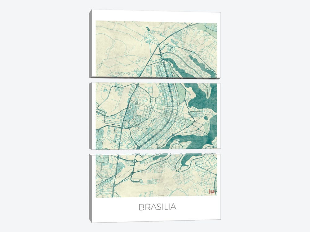Brasilia Vintage Blue Watercolor Urban Blueprint Map 3-piece Canvas Art