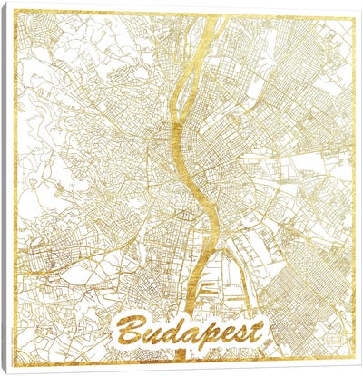 Budapest Gold Leaf Urban Blueprint Map Canvas Art Print - Gold & White Art