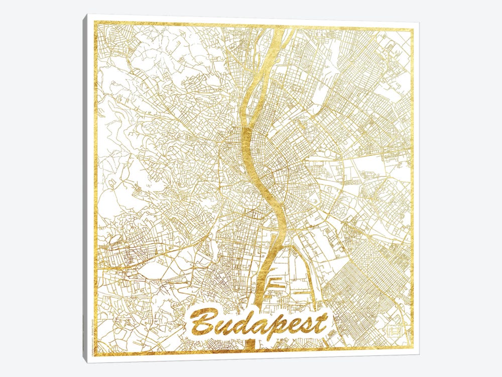 Budapest Gold Leaf Urban Blueprint Map by Hubert Roguski 1-piece Canvas Wall Art