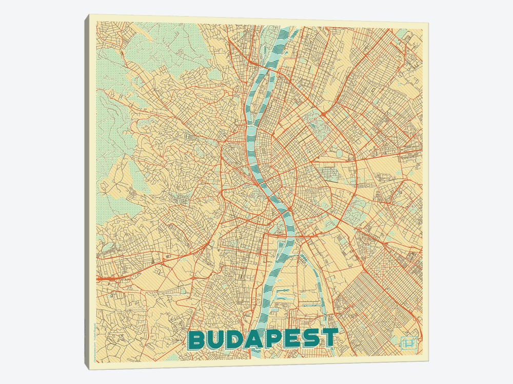 Budapest Retro Urban Blueprint Map by Hubert Roguski 1-piece Canvas Print