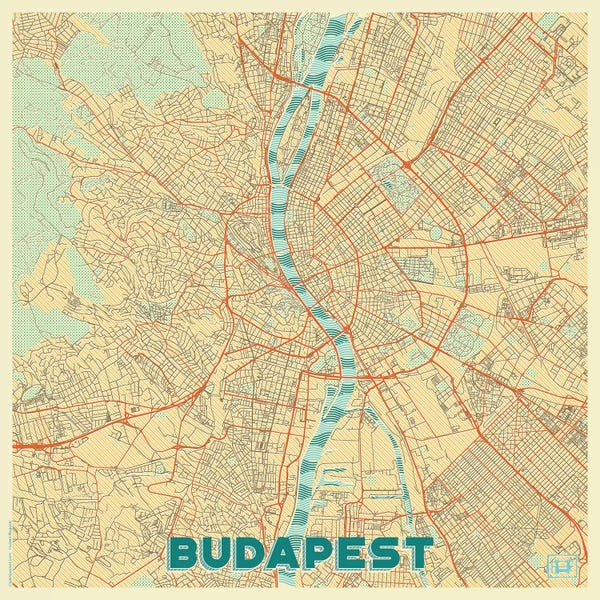 Hubert Roguski: Budapest Retro Urban Blueprint Map by Hubert Roguski