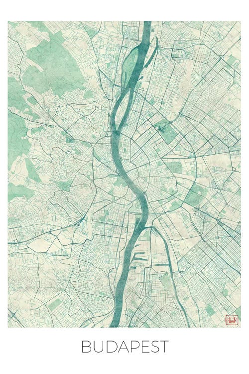 Budapest Vintage Blue Watercolor Urban Blueprint Map