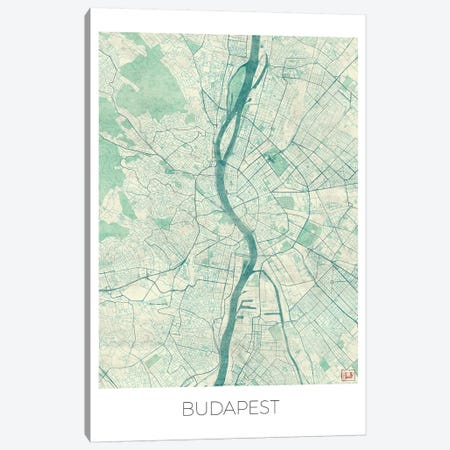Budapest Vintage Blue Watercolor Urban Blueprint Map Canvas Print #HUR64} by Hubert Roguski Canvas Wall Art