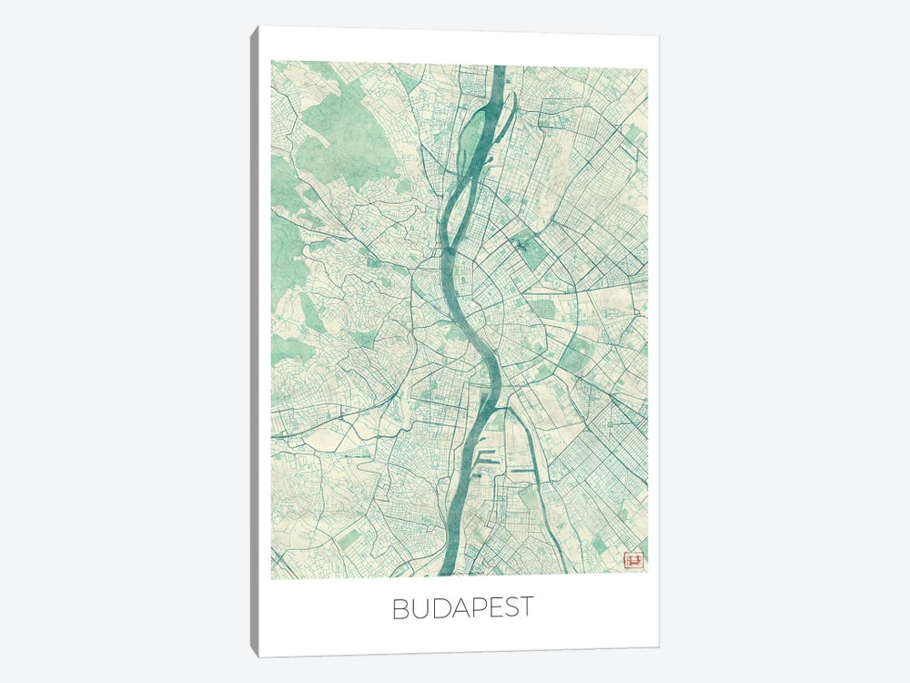 Budapest Vintage Blue Watercolor Urban Blueprint Map by Hubert Roguski 1-piece Canvas Artwork