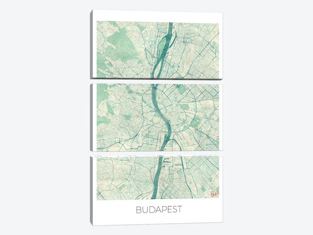 Budapest Vintage Blue Watercolor Urban Blueprint Map by Hubert Roguski 3-piece Canvas Artwork