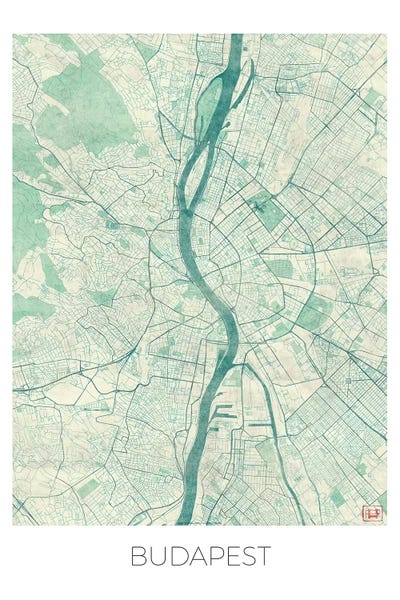 Hubert Roguski: Budapest Vintage Blue Watercolor Urban Blueprint Map by Hubert Roguski