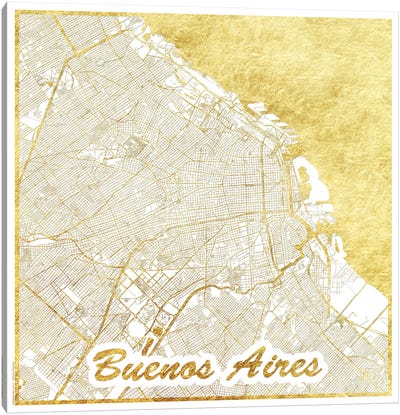 Buenos Aires Gold Leaf Urban Blueprint Map Canvas Art Print - Black, White & Gold Art