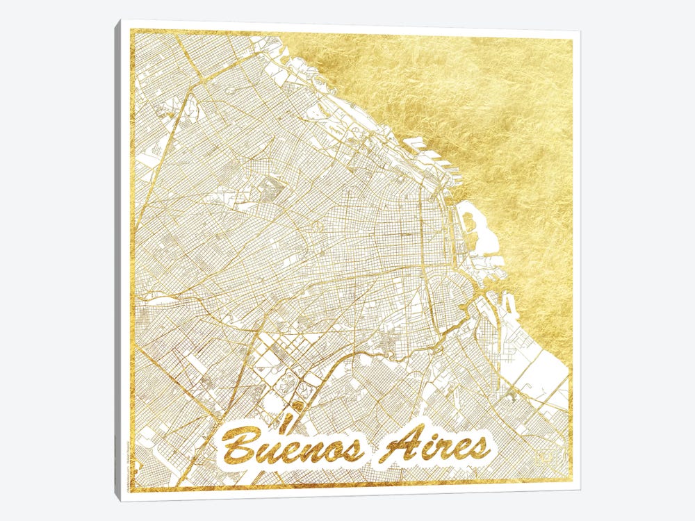 Buenos Aires Gold Leaf Urban Blueprint Map by Hubert Roguski 1-piece Canvas Print