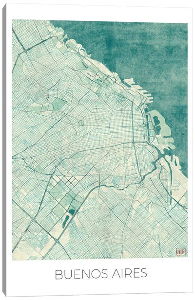 Buenos Aires Vintage Blue Watercolor Urban Blueprint Map Canvas Art Print - Buenos Aires