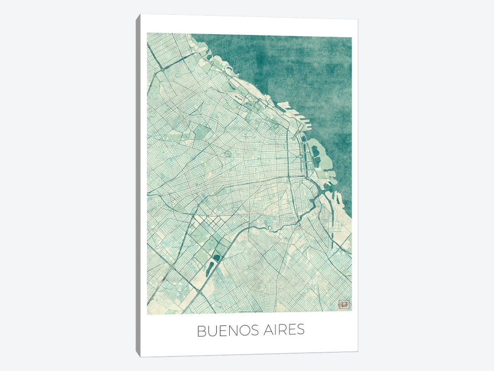 Buenos Aires Vintage Blue Watercolor Urban Blueprint Map by Hubert Roguski 1-piece Canvas Art Print