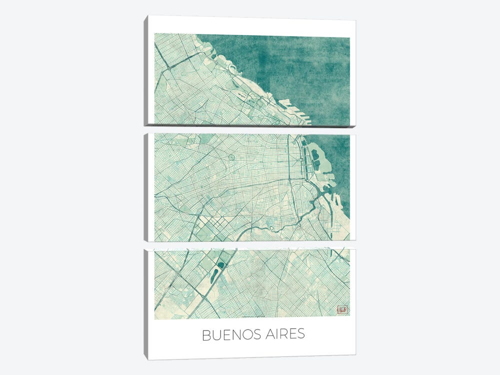Buenos Aires Vintage Blue Watercolor Urban Blueprint Map by Hubert Roguski 3-piece Art Print