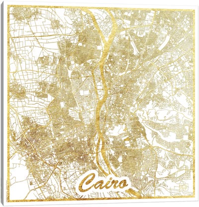 Cairo Gold Leaf Urban Blueprint Map Canvas Art Print - Black, White & Gold Art
