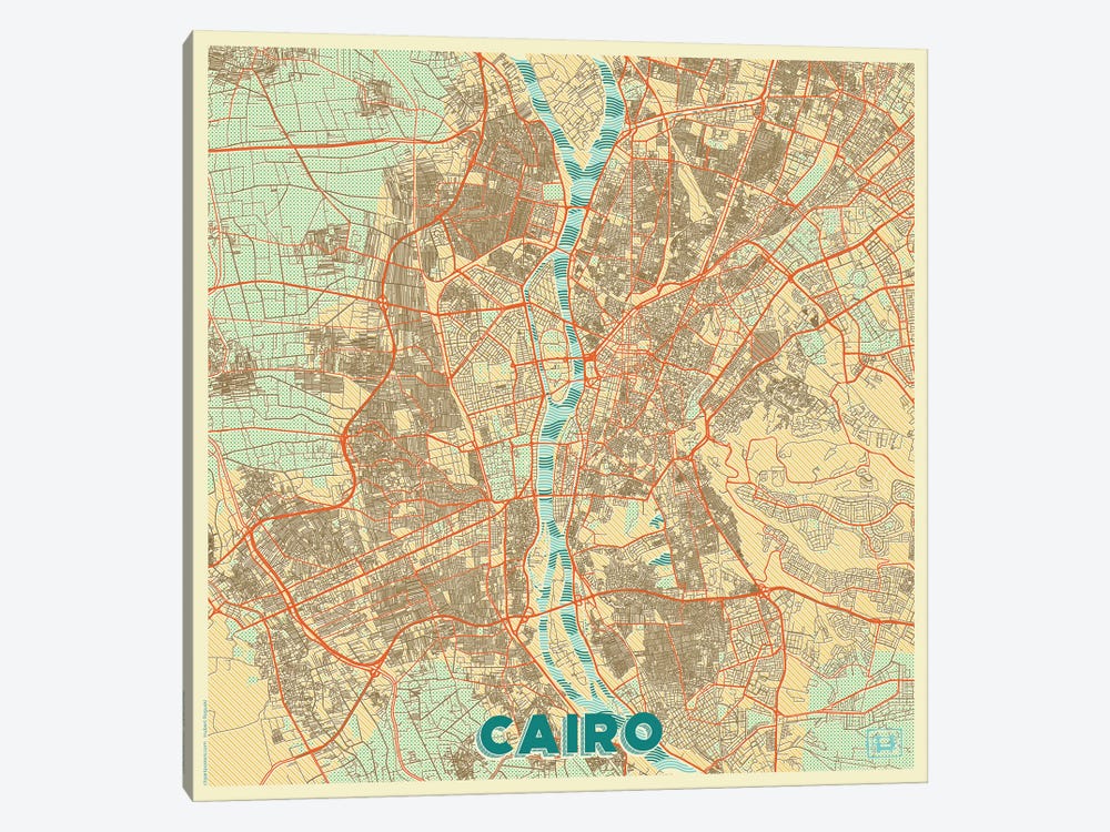 Cairo Retro Urban Blueprint Map by Hubert Roguski 1-piece Canvas Artwork