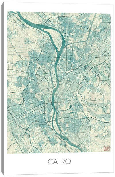 Cairo Vintage Blue Watercolor Urban Blueprint Map Canvas Art Print - Hubert Roguski
