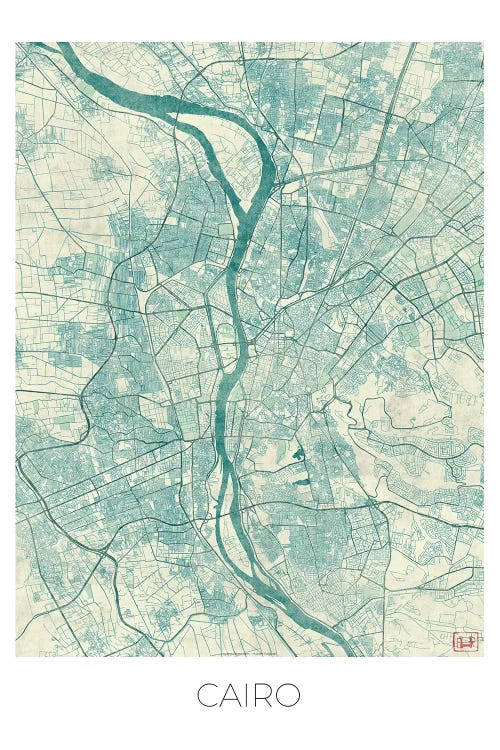 Cairo Vintage Blue Watercolor Urban Blueprint Map