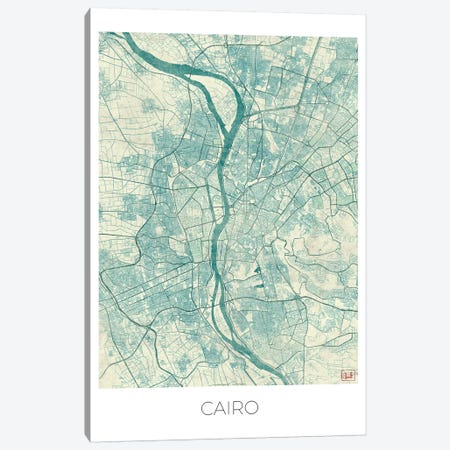 Cairo Vintage Blue Watercolor Urban Blueprint Map Canvas Print #HUR74} by Hubert Roguski Canvas Print