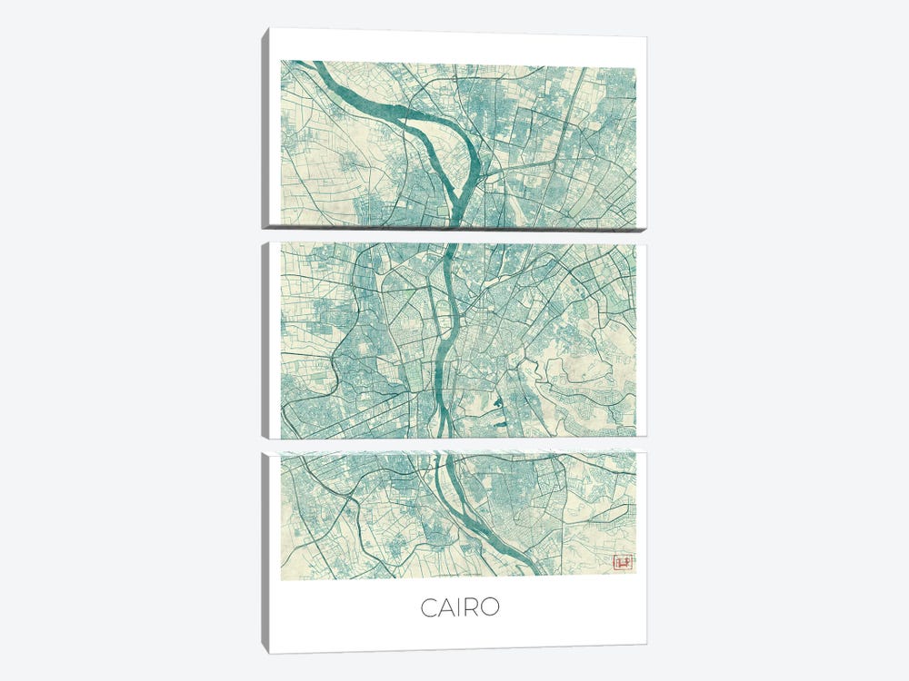 Cairo Vintage Blue Watercolor Urban Blueprint Map by Hubert Roguski 3-piece Canvas Art Print