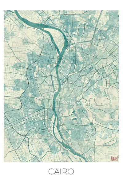 Cairo: Cairo Vintage Blue Watercolor Urban Blueprint Map by Hubert Roguski