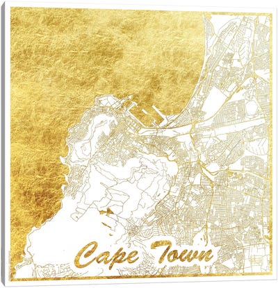 Cape Town Gold Leaf Urban Blueprint Map Canvas Art Print - Gold & White Art