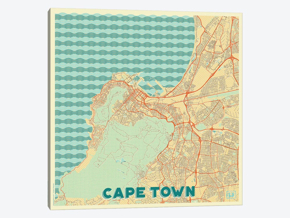 Cape Town Retro Urban Blueprint Map by Hubert Roguski 1-piece Canvas Art