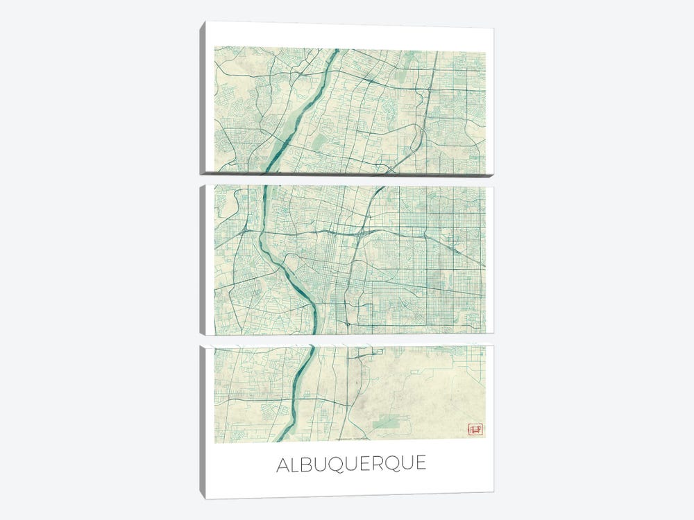 Albuquerque Vintage Blue Watercolor Urban Blueprint Map by Hubert Roguski 3-piece Canvas Wall Art