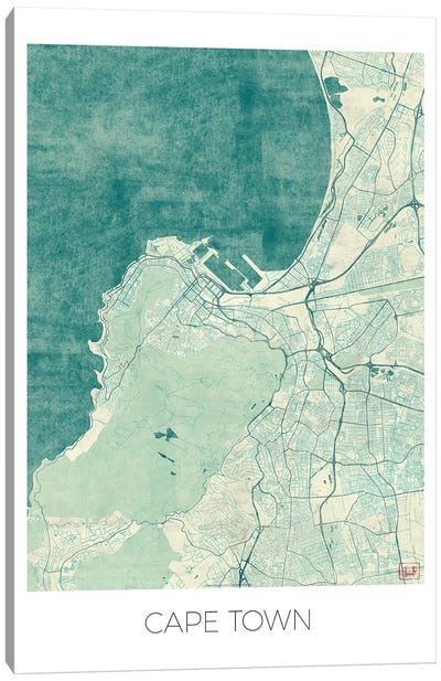 Cape Town Vintage Blue Watercolor Urban Blueprint Map Canvas Art Print - South Africa