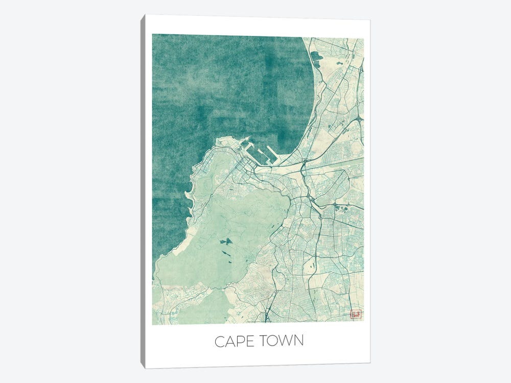 Cape Town Vintage Blue Watercolor Urban Blueprint Map by Hubert Roguski 1-piece Canvas Art