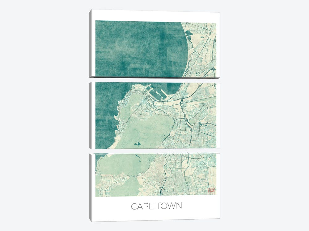 Cape Town Vintage Blue Watercolor Urban Blueprint Map by Hubert Roguski 3-piece Canvas Wall Art