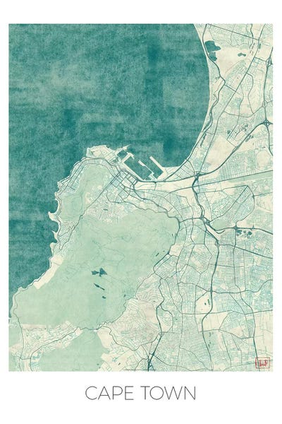 Hubert Roguski: Cape Town Vintage Blue Watercolor Urban Blueprint Map by Hubert Roguski