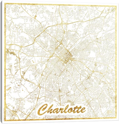 Charlotte Gold Leaf Urban Blueprint Map Canvas Art Print - Hubert Roguski