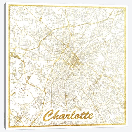 Charlotte Gold Leaf Urban Blueprint Map Canvas Print #HUR81} by Hubert Roguski Art Print