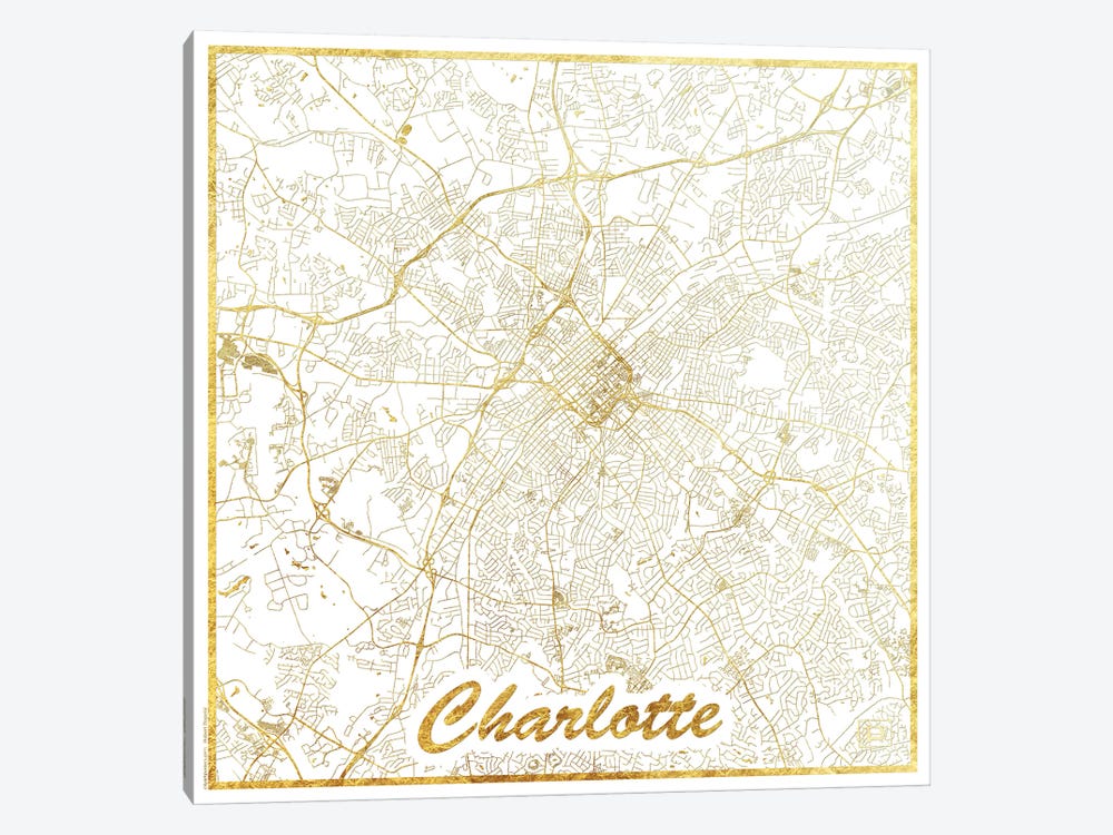 Charlotte Gold Leaf Urban Blueprint Map by Hubert Roguski 1-piece Art Print