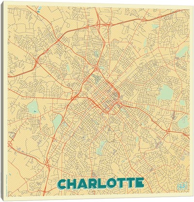 Charlotte Retro Urban Blueprint Map Canvas Art Print - North Carolina Art