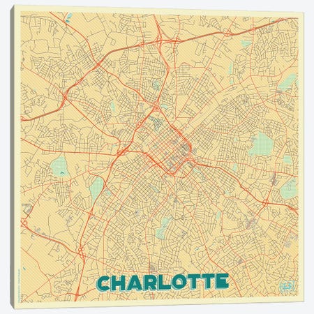 Charlotte Retro Urban Blueprint Map Canvas Print #HUR84} by Hubert Roguski Canvas Wall Art