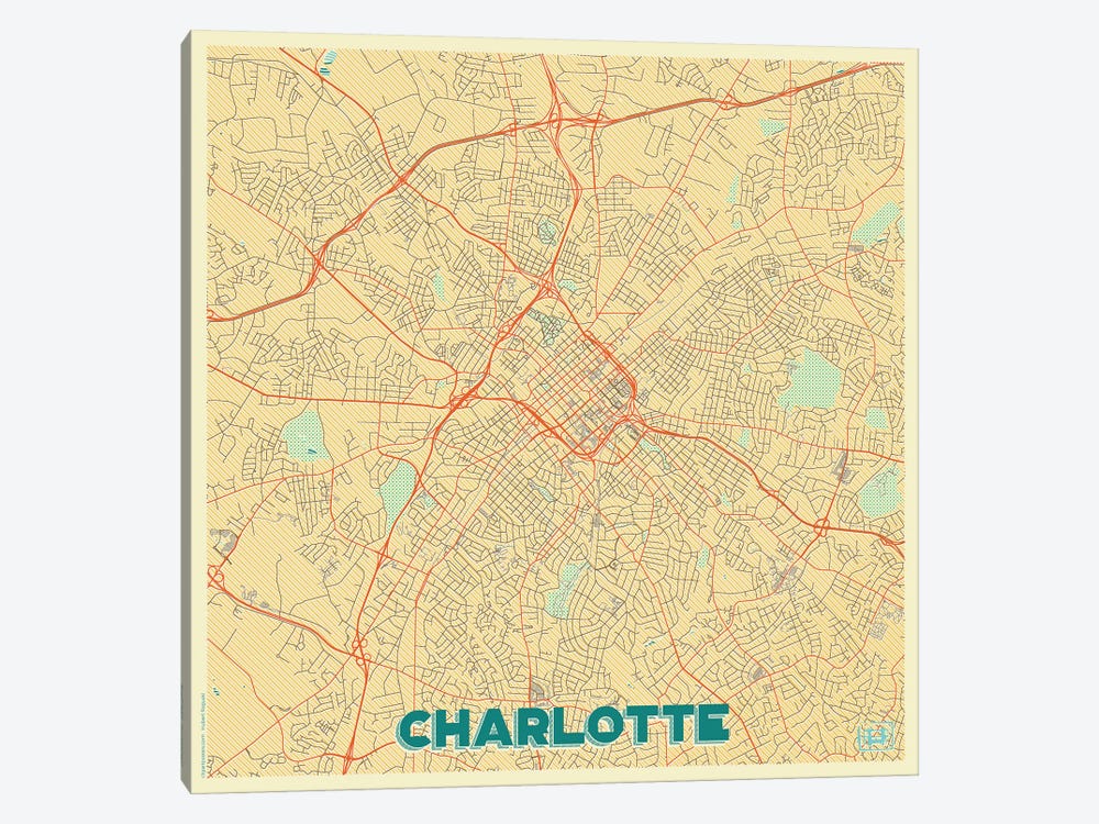 Charlotte Retro Urban Blueprint Map by Hubert Roguski 1-piece Canvas Wall Art
