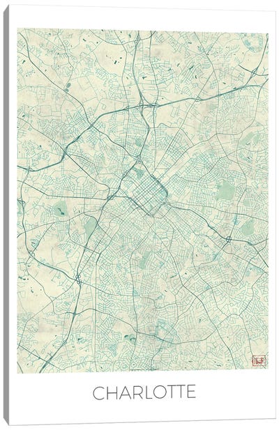 Charlotte Vintage Blue Watercolor Urban Blueprint Map Canvas Art Print - North Carolina Art
