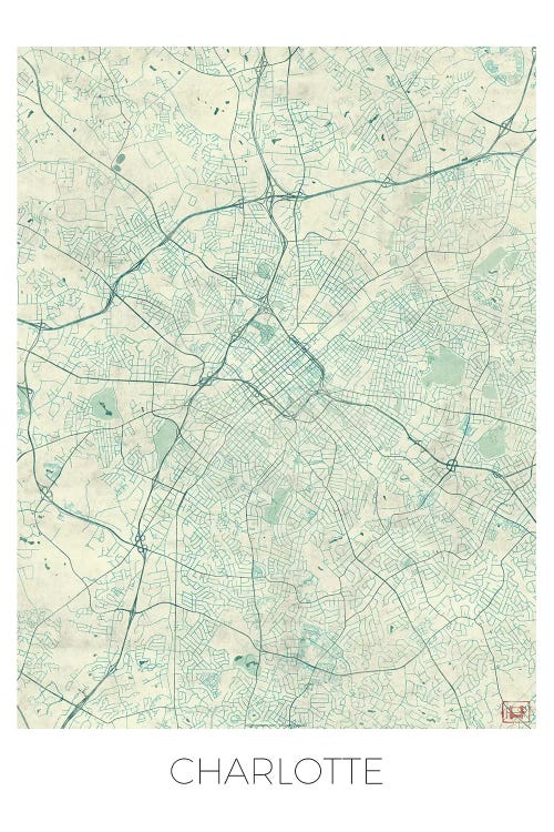 Charlotte Vintage Blue Watercolor Urban Blueprint Map