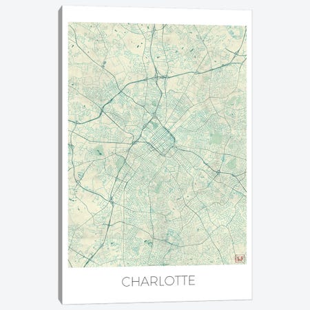 Charlotte Vintage Blue Watercolor Urban Blueprint Map Canvas Print #HUR85} by Hubert Roguski Canvas Artwork