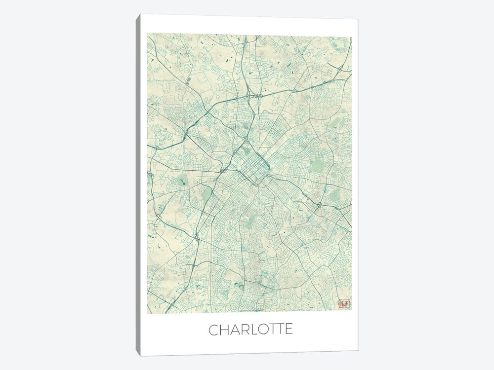 Charlotte Vintage Blue Watercolor Urban Blueprint Map by Hubert Roguski 1-piece Art Print