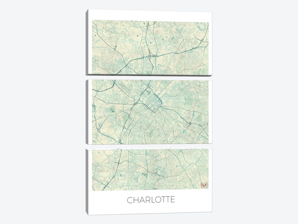 Charlotte Vintage Blue Watercolor Urban Blueprint Map by Hubert Roguski 3-piece Canvas Print