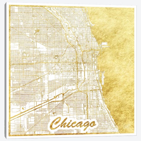 Chicago Gold Leaf Urban Blueprint Map Canvas Print #HUR86} by Hubert Roguski Canvas Art