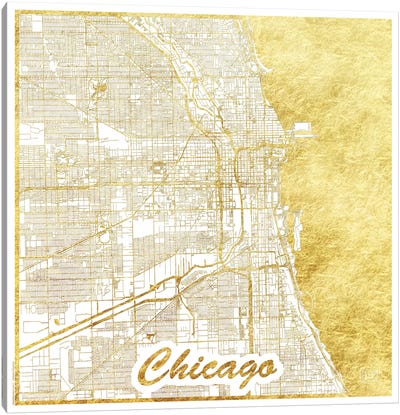 Chicago Gold Leaf Urban Blueprint Map Canvas Art Print - Chicago Maps