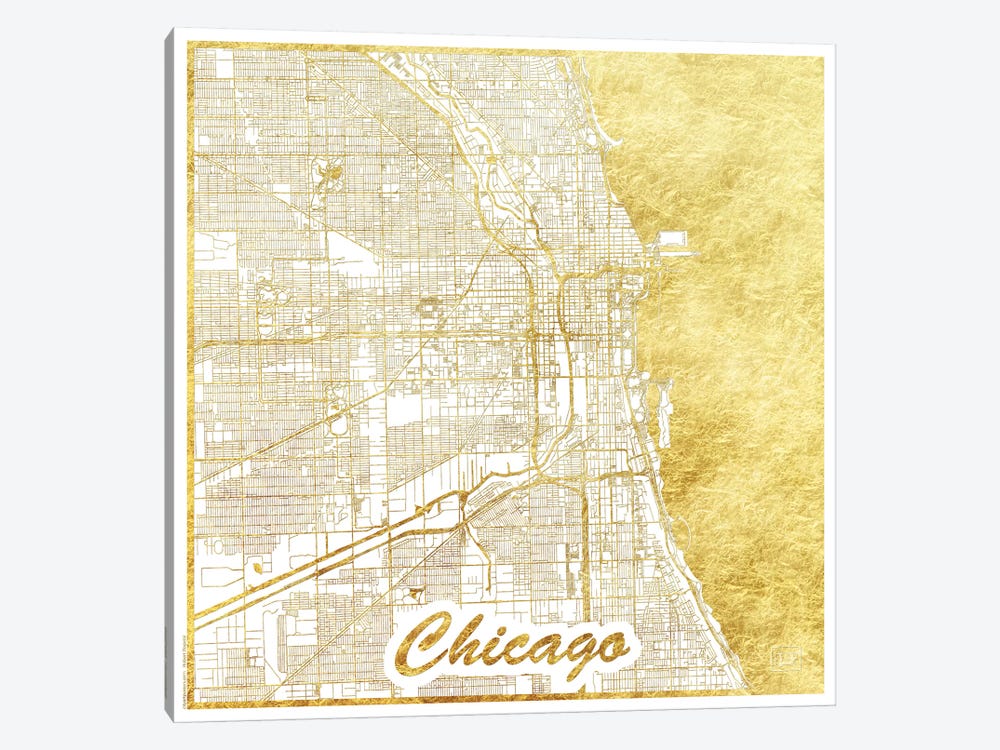 Chicago Gold Leaf Urban Blueprint Map by Hubert Roguski 1-piece Canvas Art