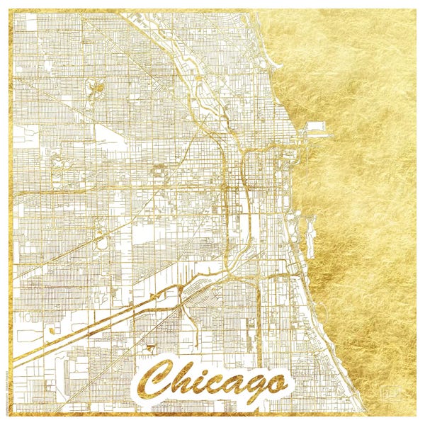 Large Map Art - Canvas Prints: Chicago Gold Leaf Urban Blueprint Map by Hubert Roguski