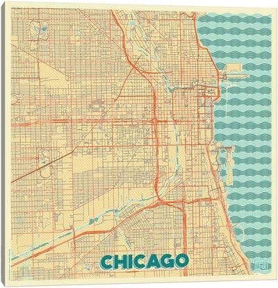 Chicago Retro Urban Blueprint Map Canvas Art Print - Chicago Maps